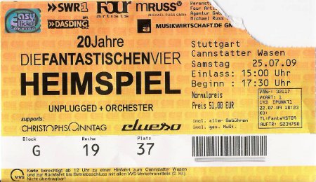Eintrittskarte zum Heimspiel 2009 der Fantastischen Vier Eintrittskarte zum Heimspiel 2009 der Fantastischen Vier