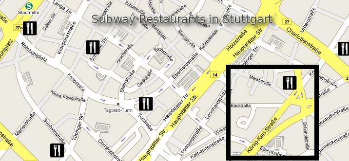 Karte der Subway Restaurants in Stuttgart