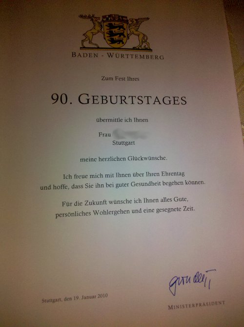 Brief vom Ministerpräsidenten Öttinger zum 90. Geburtstag